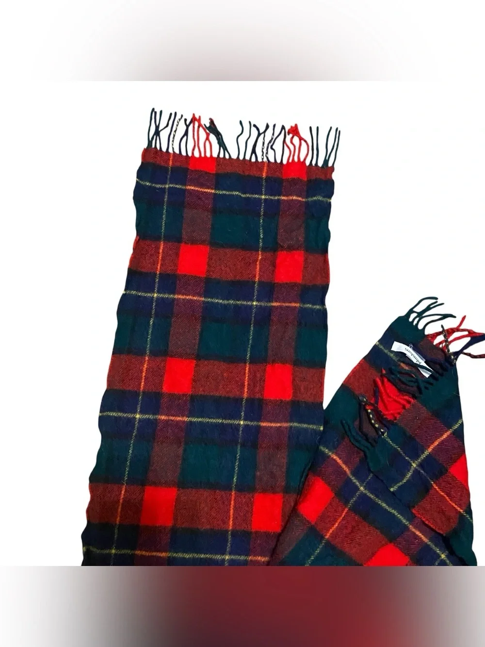 Johnstons of Elgin 100% Lambswool Red Plaid Fringe Made in Scotland Scarf
